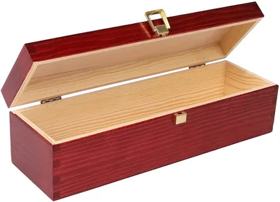 An open wooden box with a red finish and gold hardware, designed to hold a wine bottle.