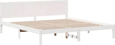 Zdjęcie produktu dla Łóżko Drewniane 200x200 Białe Rama Łóżka ze Stelażem z Zagłówkiem