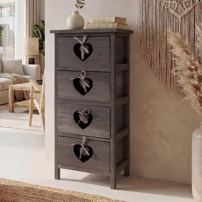 Immagine prodotto di Cassettiera Forli, mobile, 4 cassetti con cuori 70x29x25cm, look shabby, vintage ~ grigio-marrone