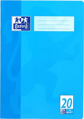 A blue notebook cover with the Oxford logo and a label for writing.