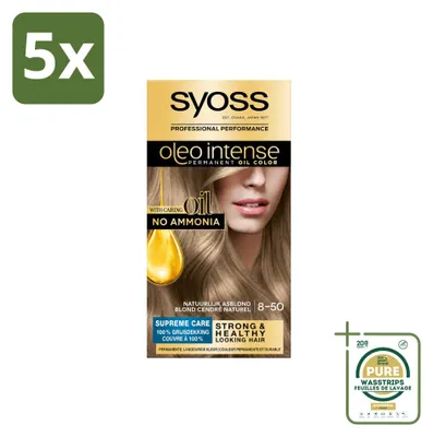 Productafbeelding van 5 x Syoss Oleo Intense 8-50 Permanente Haarkleuring - Natuurlijk asblond - Verpakking met 5 stuks