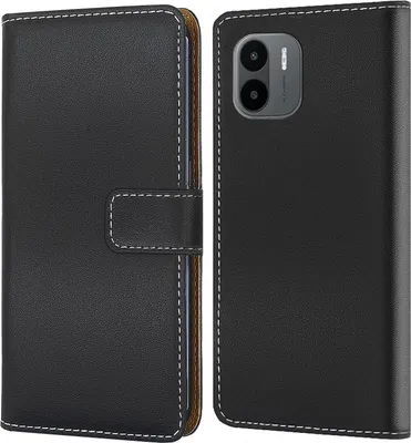 A black flip-style phone case for a Xiaomi Redmi A1 is shown from two angles.