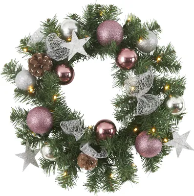 Produktbild von Geschmückter Weihnachtskranz ,Noel', LED Beleuchtung, Batterie + Timer, grün-rosa, Ø 40cm