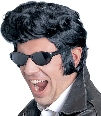 Close-up of a man wearing a wig and sunglasses.