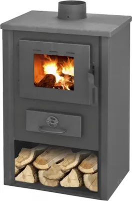 A dark gray wood-burning stove with a glass door showing a fire, a drawer below, and a storage space for firewood at the bottom.