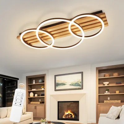 Image de Plafonnier LED ZMH à intensité variable, en bois, avec télécommande, 70 cm, 46 W, lampe de salon, plafonnier à 3 anneaux, noir, pour chambre à coucher