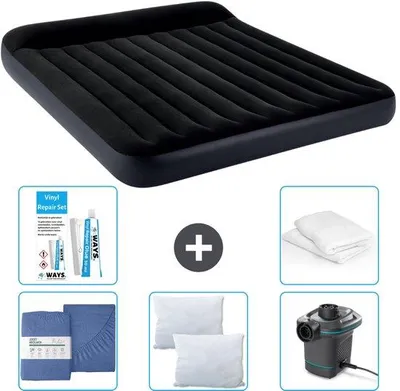 Produktbild von Luftbett 2 Personen - 183 x 203 x 25 cm - Dunkelblau - inklusive Hoeslaken - Kissen - Pumpe - Reparaturset und Kissenbeschutz