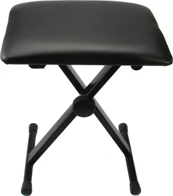 A black piano bench with an X-shaped folding leg system, shown from a front-facing angle.