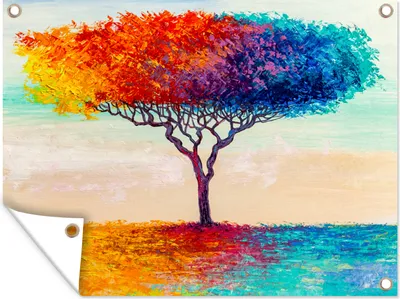 Produktbild von MuchoWow® 80x60 cm Outdoor-Poster Gartendeko Sichtschutz Garten Poster für den Garten  Gemälde - Ölfarbe - Baum - Regenbogen