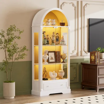 Image de Vitrine de 180 cm de hauteur, avec portes en verre trempé, éclairage LED tricolore à détection de mouvement, tiroirs et étagères ouvertes, en MDF, style rustique, de couleur blanche