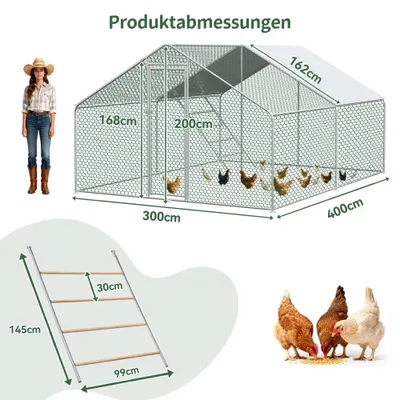 Obrázek produktu pro Venkovní výběh pro slepice – volný výběh. Kovový slepičinec – 3x4x2 metry – nerezová ocel – vodotěsná plachta z PE – bezpečnostní zámek