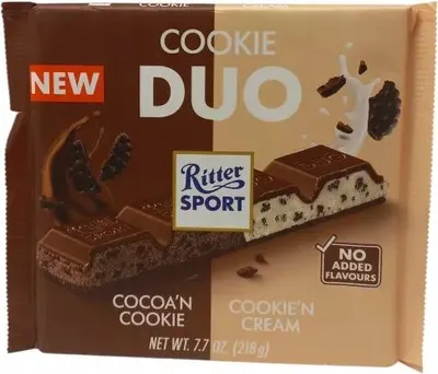Produktbild von Ritter Sport Cookie Duo gefüllte Vollmilchschokolade Packung 218g