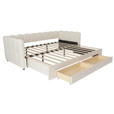 Produktbild von Flieks Polsterbett 90x200cm mit Ausziehbett, Schlafsofa Tagesbett mit Usb und Type-c, Jugendbett Daybett mit 2 Schubladen, Leinen, Beige