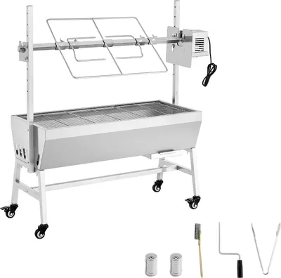 Zdjęcie produktu dla SucceBuy Grill z rożnem na węgiel drzewny o mocy 38 W (długość rusztu 94 cm) z udźwigiem 60 kg, kółkami i 7-pozycyjną regulacją wysokości, zestaw do grillowania ze stali nierdzewnej do użytku na kempingu i na zewnątrz