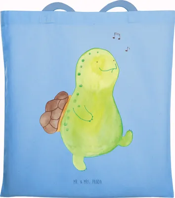 Produktbild von Mr. & Mrs. Panda Schultasche Schildkröte Pfeifen - Sky Blue - Geschenk, baumwoll shopper, Depression, Tote Bag, Tasche, Glück, Jutebeutel, Laptoptasche, Einkaufstasche