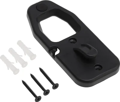 A black wall mount bracket and mounting hardware are shown against a white background.