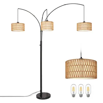 Produktbild von 180cm Stehlampe Bogenlampe Wohnzimmer, 3-Flammige Rattan Standleuchte, LED Leselampe Vintage Stehleuchte mit Drehschalter für Schlafzimmer Büro