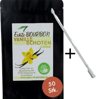Produktbild von Bourbon Vanilleschoten (50 Stk.) 100% Madagascar + gratis Vanillemesser - 18-20cm Top Gourmet Qualität