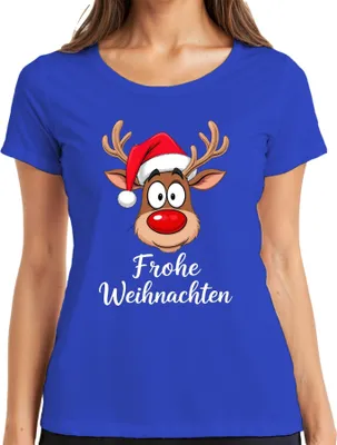 Produktbild von Frohe Weihnachten Rentier Rudolf Cartoon Niedlich Lustig Geschenk Damen T-Shirt, Blau, M