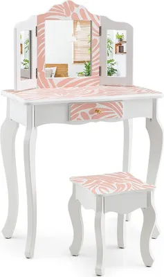A white vanity table and stool set with a pink zebra pattern.