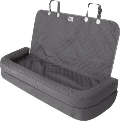 A gray dog car seat cover is shown from a diagonal angle.