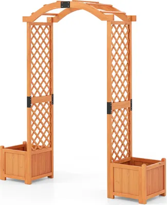 Obrázek produktu pro COSTWAY 2 v 1 oblouk na růže s truhlíkem na květiny, dřevěný zahradní oblouk, oblouk pro popínavé rostliny, mřížová pomůcka pro popínavé rostliny, jedlové dřevo, 185x45x201cm