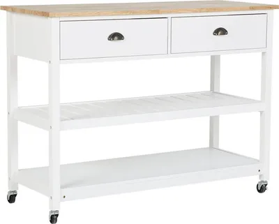 Produktbild von BELIANI Servierwagen Weiß MDF Platte Gummibaumholz Kiefernholz 91 x 120 x 48 cm Landhausstil Modern Elegant Groß Viel Stauraum Wohnzimmer