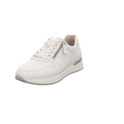 A white Gabor women's sneaker with a side zipper and silver accent on the heel, shown from a three-quarter angle on a white background.