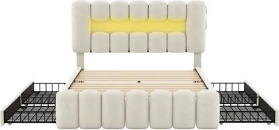 Produktbild von Odikalo Polsterbett 140 x 200 , bett mit 4 Schubladen, Doppelbett mit LED-Lichtleiste mit USB und Stereoanlage, Beige