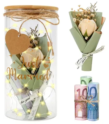 Hochzeitsgeschenk Flaschenlicht LED mit Trockenblumen, Just Married