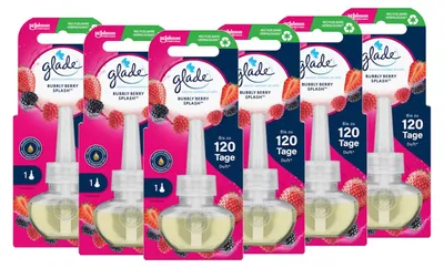 Produktbild von Glade Electric Scented Oil Nachfüller Bubbly Berry Splash, 20 ml, 6er Pack, Duftöl für elektrische Duftstecker, sorgt für gleichmäßige und langanhaltende Raumfrische
