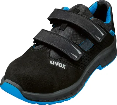A black and blue safety shoe with velcro straps.