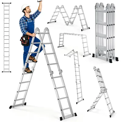Image de Échelle multifonctionnelle Eikuavons 7 en 1 en aluminium, avec 4 marches, environ 470 cm / 4,7 m, échelle pliante télescopique avec pieds antidérapants, idéale pour un usage domestique, capacité de charge maximale de 150 kg