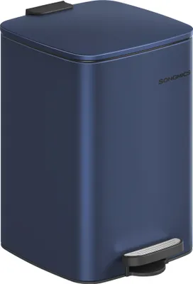 A dark blue pedal trash can with a black pedal and lid handle, shown from a three-quarter angle against a white background.
