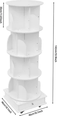 Immagine prodotto di Libreria girevole - Scaffale a torre - 4 livelli - 16 ripiani - 4 ruote con freno - Portata 35 kg - Legno massiccio + metallo - Bianco