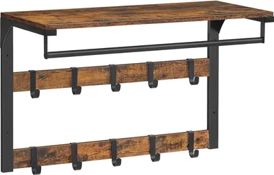 A wall-mounted coat rack with a shelf and multiple hooks.