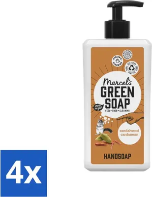Imagen del producto de Jabón de manos natural "Marcel's Green Soap" - Aroma de sándalo y cardamomo - Para uso diario - 500 ml - Paquete económico - 4 unidades