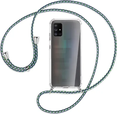 Produktbild von Handykette Backcover-Schutzhülle mit Band (Metall silberfarben) für Samsung Galaxy A71 5G - grün/blau/weiß