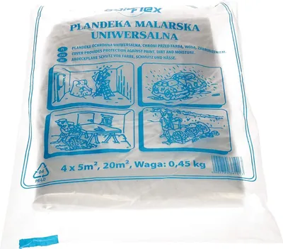 A white plastic bag containing a white tarp, with blue illustrations and text printed on the bag.