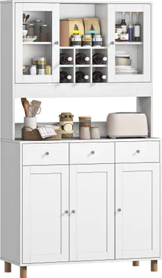 A white kitchen cabinet with glass doors and wooden legs, filled with kitchenware and food items.