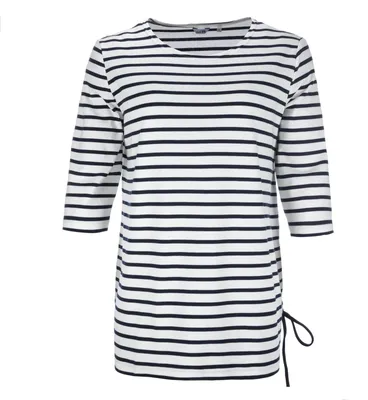 Produktbild von modAS Damen Long-Shirt 1/2-Arm Maritim mit Streifen - Rundhalsshirt mit modischer Schnürung in Weiß-Blau Größe 56