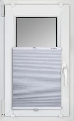 A white pleated blind is installed in a white window frame.