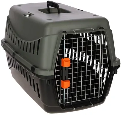 Produktbild von KERBL Eco Transportbox für Haustiere 58 x 38 x 38 cm Grau/Grün, 100% recycelter Kunststoff, IATA-konform mit Tragegriff & Wasserschale