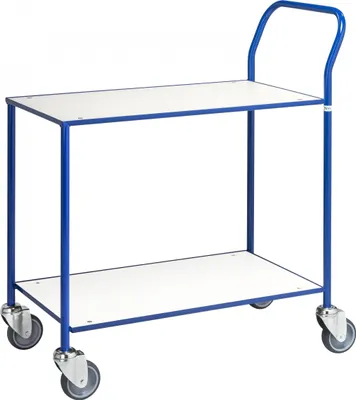 Produktbild von Kongamek Tischwagen voll verschweisst mit blauem Rahmen 755x430mm Ladefläche weiss ohne Bremse