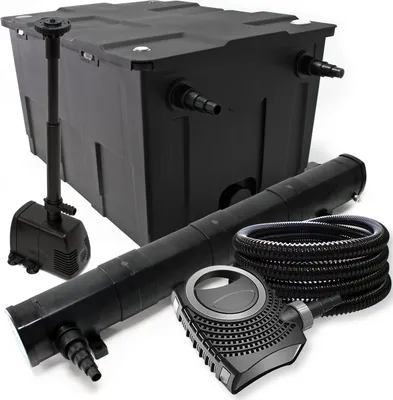 Produktbild von Wiltec Komplettset: CBF-550 Teichfilter bis 60000 L Teichfilteranlage, NEO10000 Teichpumpe 10000l/h 80W, CUV-272 Teichklärer 72W, 25m Teichschlauch 25 mm, HJ-943 Springbrunnen 800l/h 16W