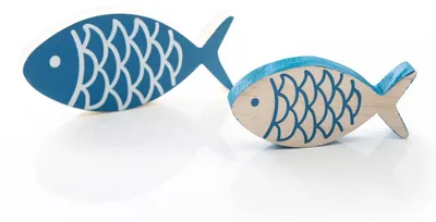 Produktbild von 2 maritime Holzfische - 13 x 6 cm + 10 x 5 cm - blau weiß natur zum Hinstellen