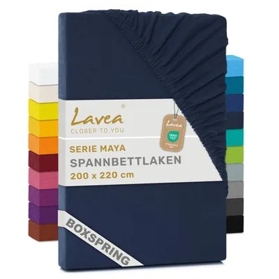 Produktbild von Lavea® Spannbettlaken 200 x 220 cm Maya Jersey, Boxspringbetten, Wasserbetten, Bettlaken 100% Baumwolle, Matratzen bis 35 cm, Spannbetttücher, Galaxyblau