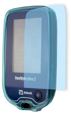 A blue protective case is shown on a glucose meter.