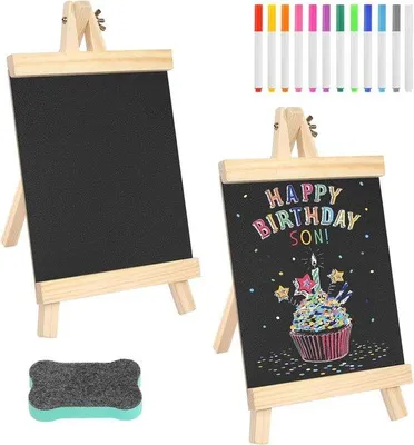 Produktbild von Tafelständer 2 Stück Schiefertafel 29 x 16 cm mit 12 Bunten Wachsmalstiften und Bretterwischer - Ideal für Preiskarten, Buffet, Geburtstag, Brui