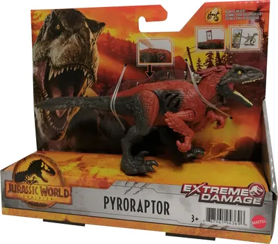Produktbild von Mattel GWN18 Jurassic World Dominion Pyroraptor bewegliche Dinosaurier Figur 18 cm Rot Grau mit Kampfverletzung